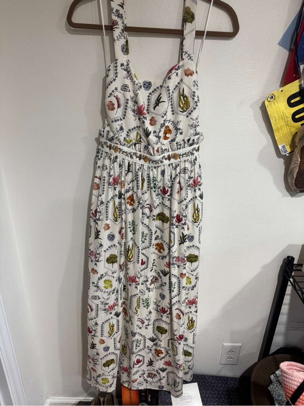 Christian Lacroix White Maxi Dress with Red, Green and Yellow Botanical Motif
